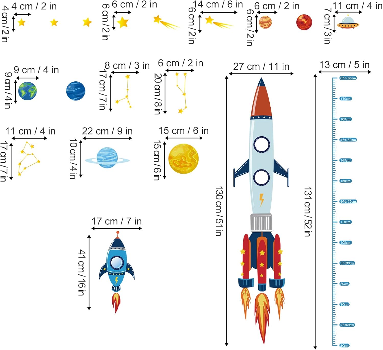 decalmile Rocket Height Chart Wall Decals Kids Planets Measurement Growth Wall Stickers Baby Nursery Kids Boys Room Living Room Wall Decor - Image 5