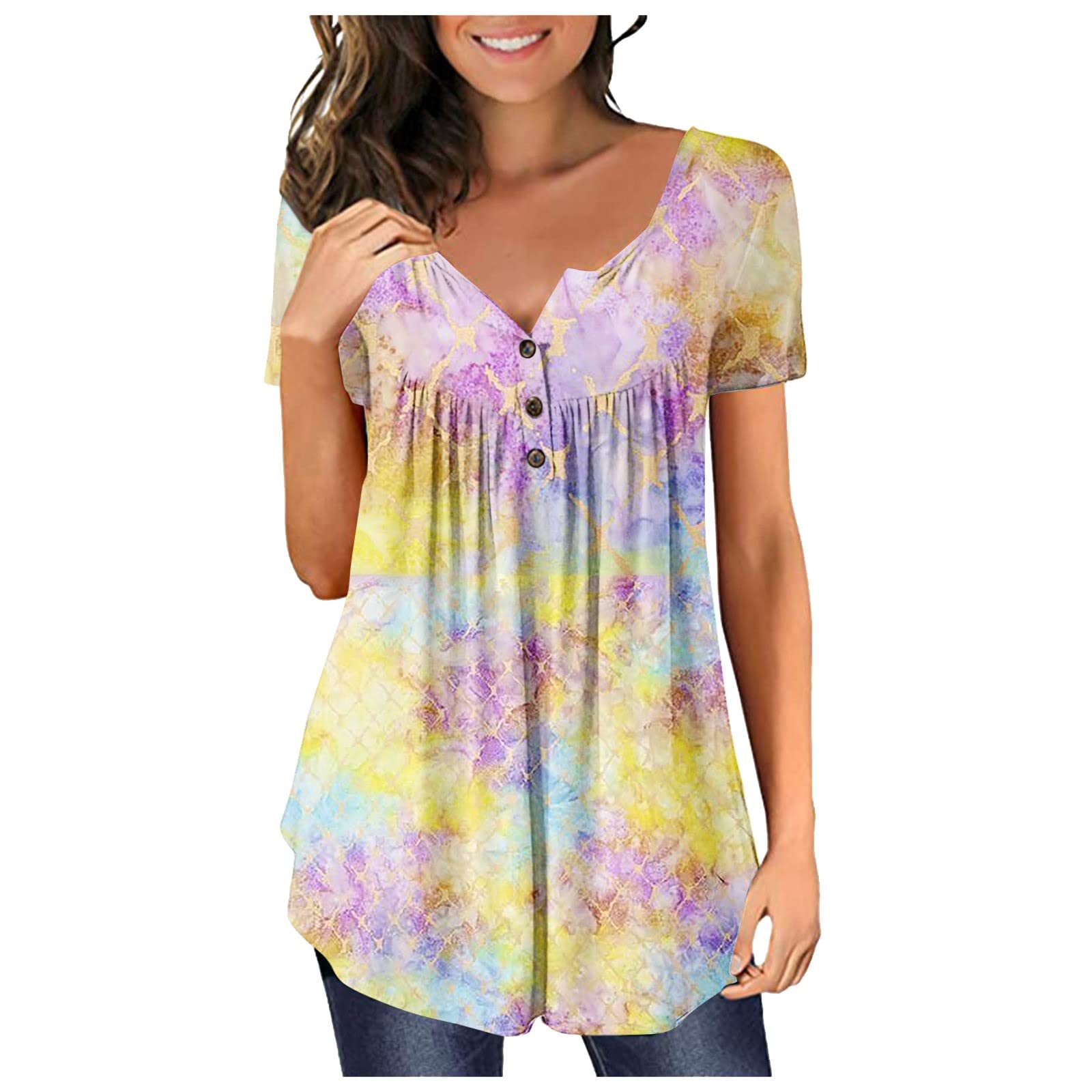 Women's Tunic Loose Cute Printing T Shirts Comfortable Short Sleeve Tops 2023 Summer Button V Neck Blouses
