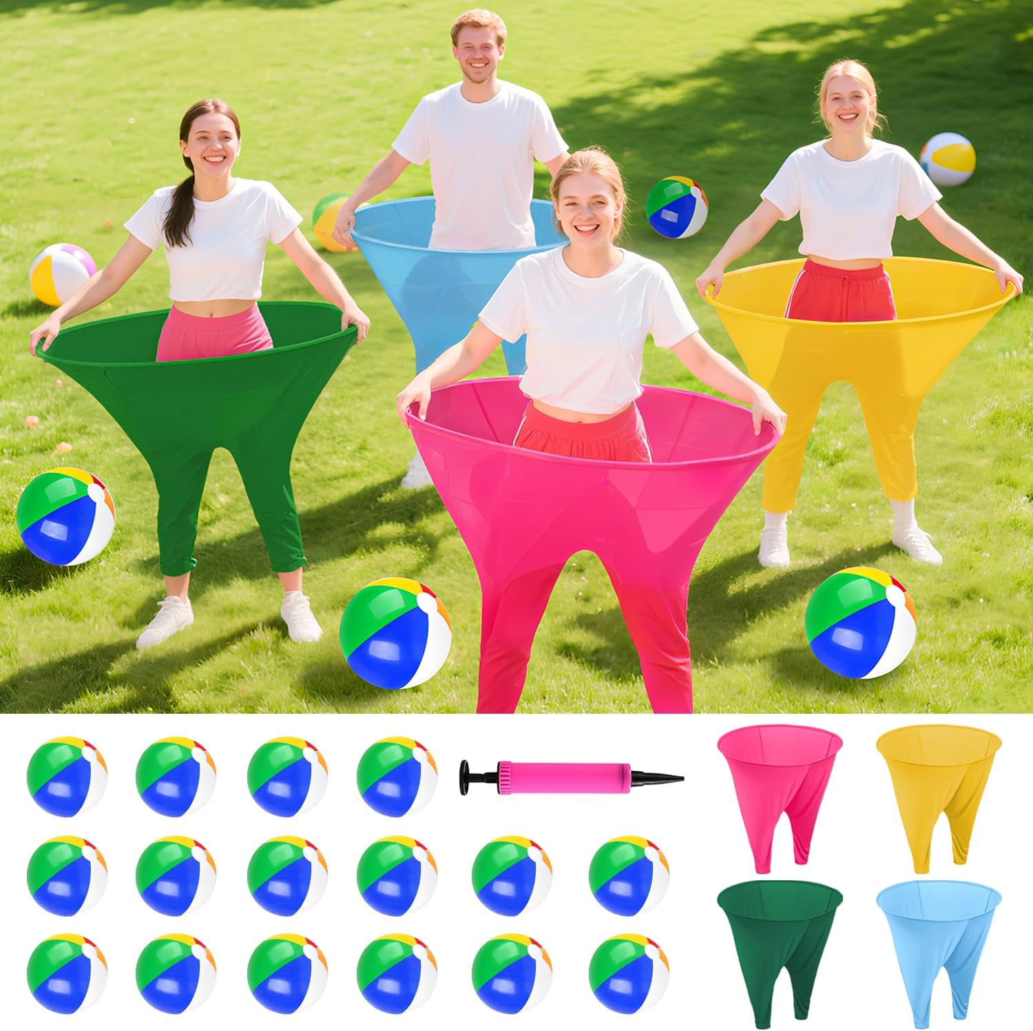 Grandma Pants Outdoor Game 4 PCS Fun Party Game Pants with 16 Bouncy Balls and 1 Air Pump (Random Colors) Granny Pants Outdoor Games for Adults and Family Entertainment Group Activities