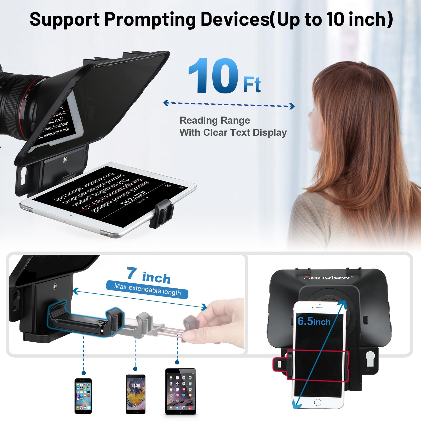 Desview Teleprompter T3 con mando a distancia para smartphone, tableta, cámara DSLR, lente gran angular para hasta 11 pulgadas, aplicación compatible con iOS/Android para entrevistas VLOG grabación de