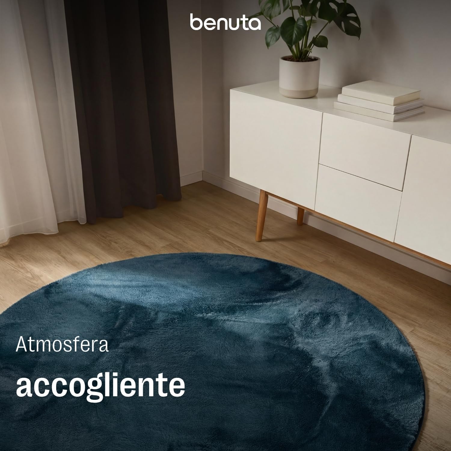 benuta Basic Tappeto salotto Furry - Turchese Rotondo 160 cm - Soffice salotto - Retro antiscivolo - Lavabile - Compatibile con riscaldamento pavimento
