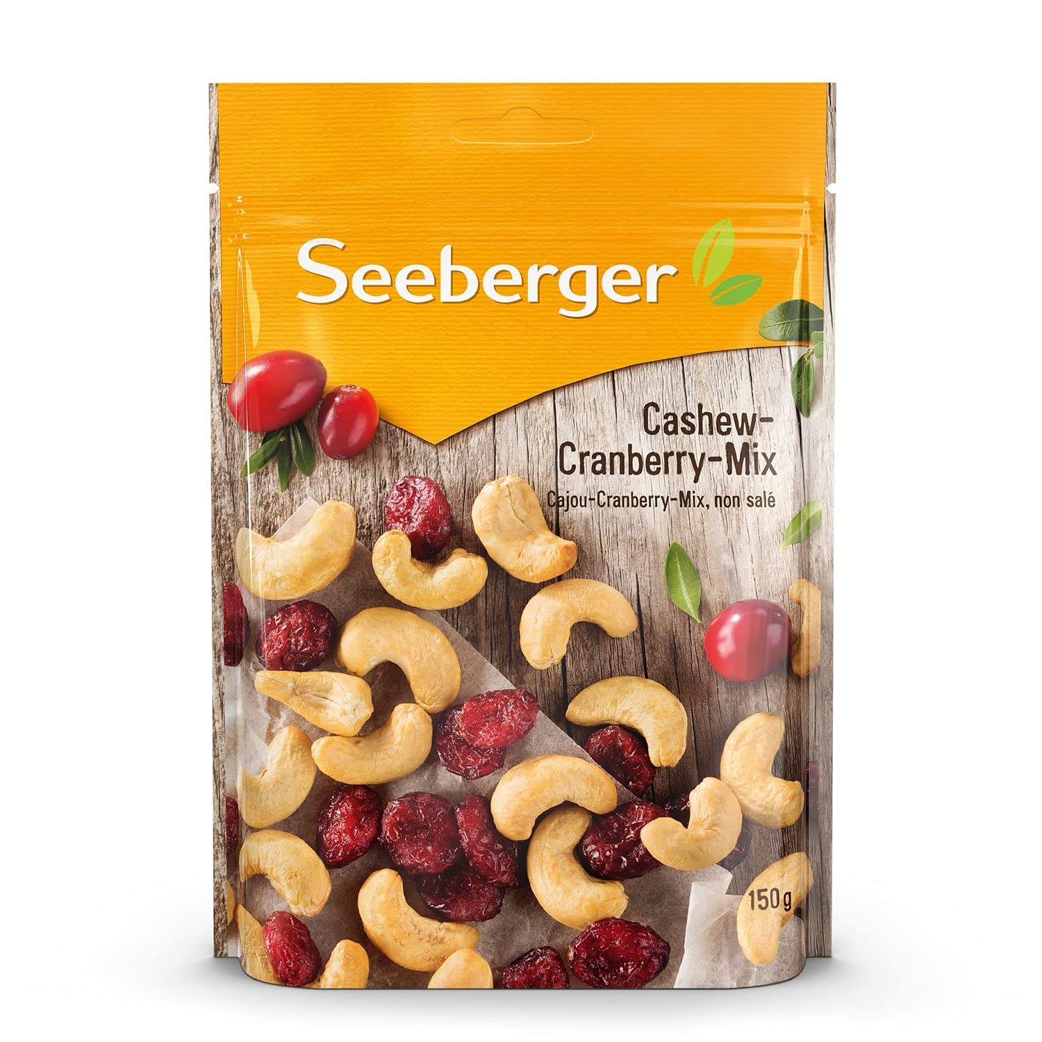 Seeberger mélange noix de cajou et cranberries : des noix de cajou nature croquantes avec des cranberries – une combinaison sucrée-acidulée – sans gluten, végan (5 x 150 g)