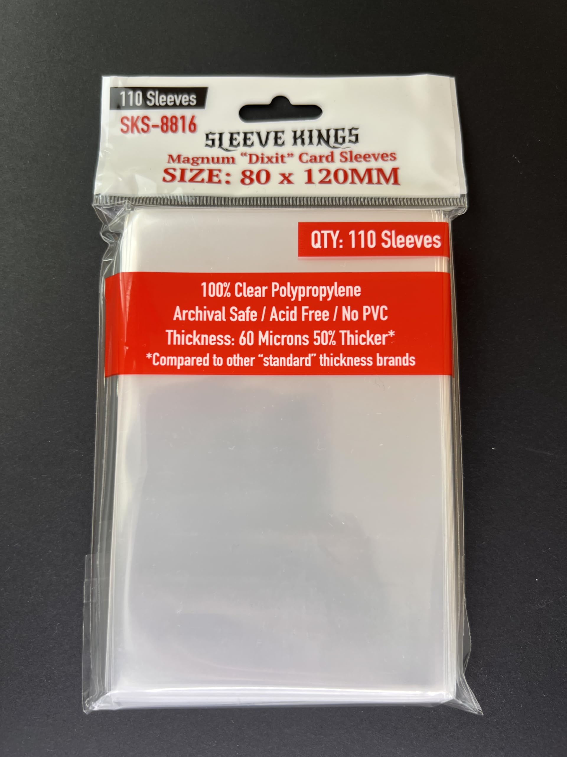 Amazon.com: Sleeve Kings Standard Card Sleeves – 110 Count, Clear 60 Micron  Thickness, Large Size (80 x 120 mm), Compatible with Dixit & More – SKU:  SKS-8816 : Toys & Games