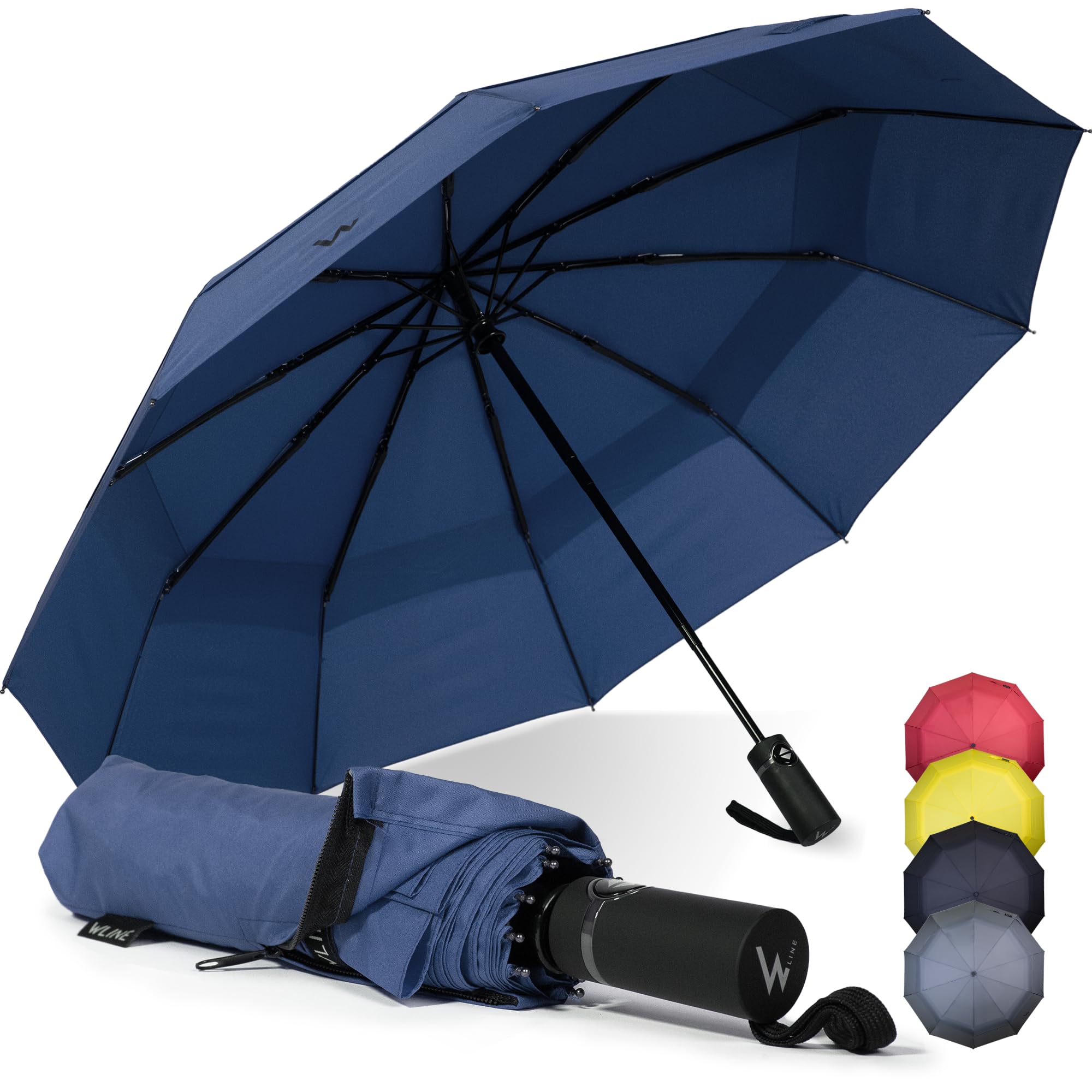 WLine Wind Ombrello Pieghevole Antivento da Pioggia con Apertura e Chiusura Automatica, Stoffa Teflon, Struttura Ultraresistente, Diametro 104cm (Blu senza Custodia)