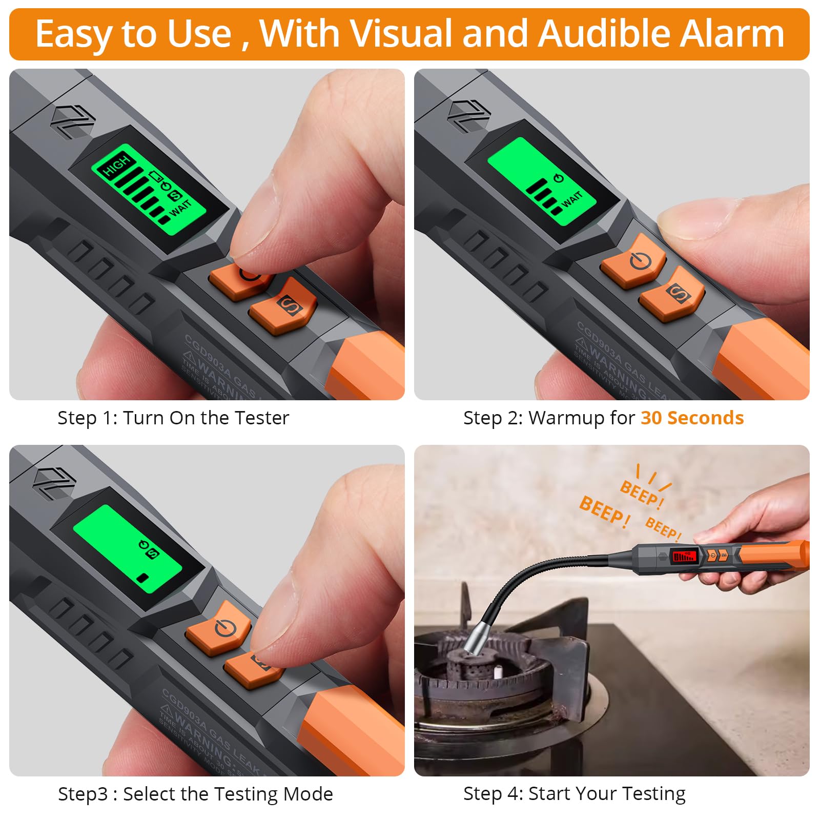 Neoteck Detector de Gas Detector Gas Natural con 4” Sonda Flexible Portátil de Fugas de Gas con Alarma Audible&Visual y Sensibilidad Ajustable para Metano Propano GLP Butano Gasolina Gas Natural