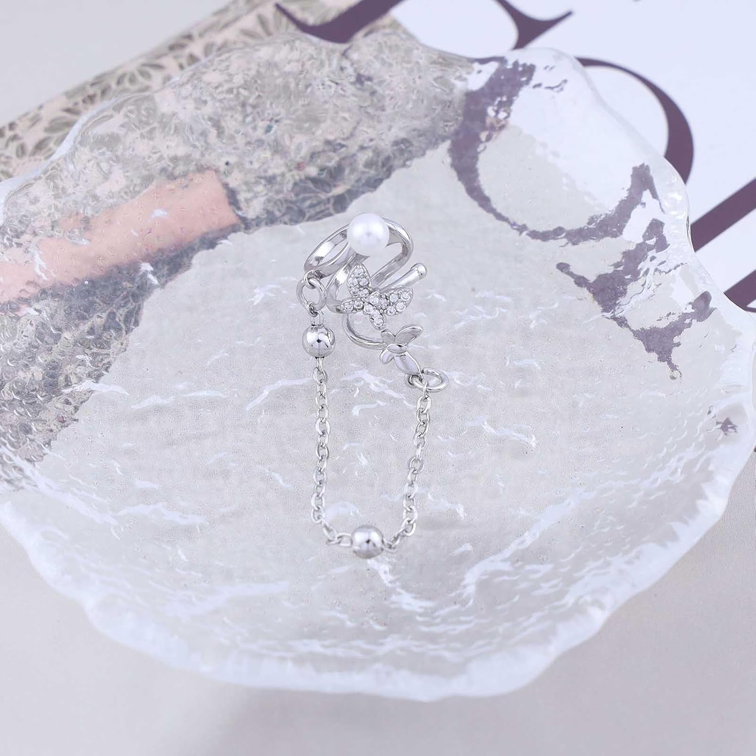 Andelaisi Boho Crystal Butterfly Ear Cuff Earrings Vintage Butterfly Tassel Chain Earrings Gold Butterfly Pearl Cuff Clip On Earrings Butterfly Ear Cuff Cartilage Earrings No Piercing Clip Earrings - Image 5