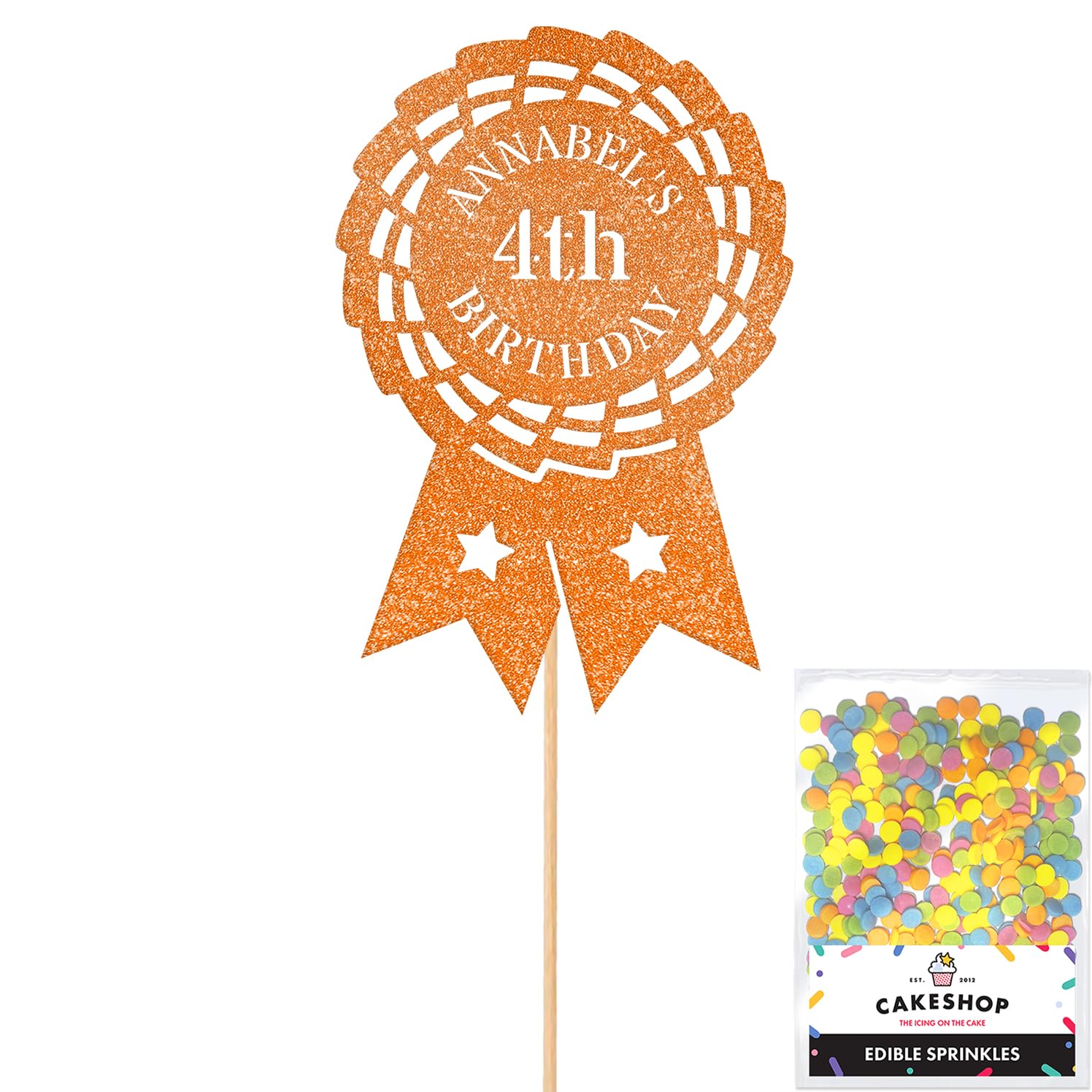 Personalised Horse Riding Rosette Award Glitter Cake Topper Orange Custom Age & Name Glitter Cake Decoration and Sprinkles - Happy Birthday Decorations - Personalised Toppers for Cakes by Cakeshop