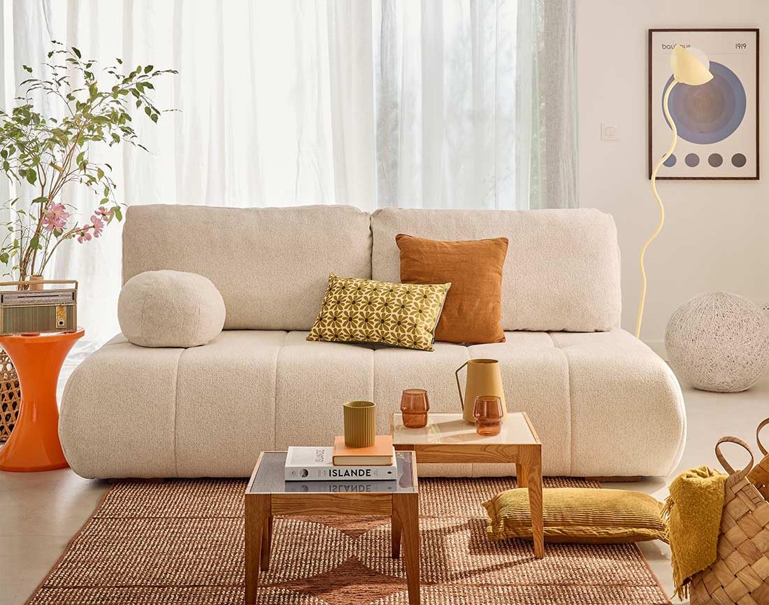 Best Mobilier – Bowie – 3-Sitzer-Sofa ausklappbar, Truhe + rundes Kissen, inklusive strukturiertem Stoff, Beige