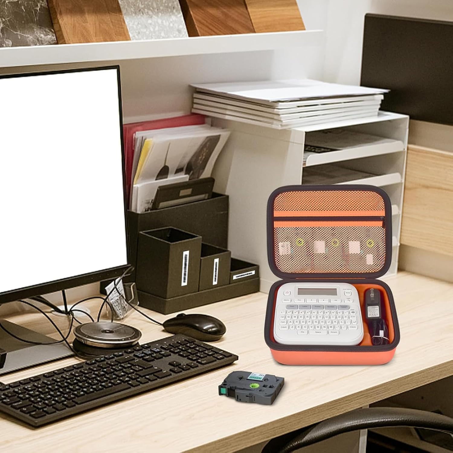Case Compatible with Brother P-Touch PTD220 210 Home/Office Everyday Label Maker, Storage Holder Carrying Organizer for Label Tapes, AC Adapter, Charging Cables (Box Only) -Orange