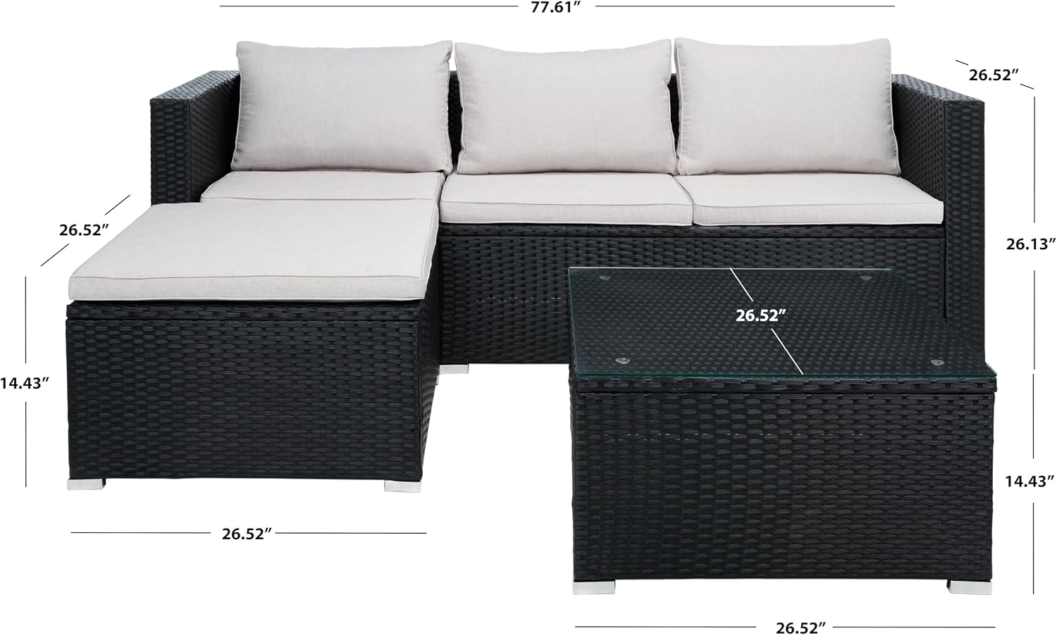 SAFAVIEH Outdoor - Madalina Sectional Set - Black & Light Grey - Steel Frame with Cushion - Contemporary Sectional with Coffee Table - Ideal for Patio, Deck, Porch, Backyard (PAT7509E)