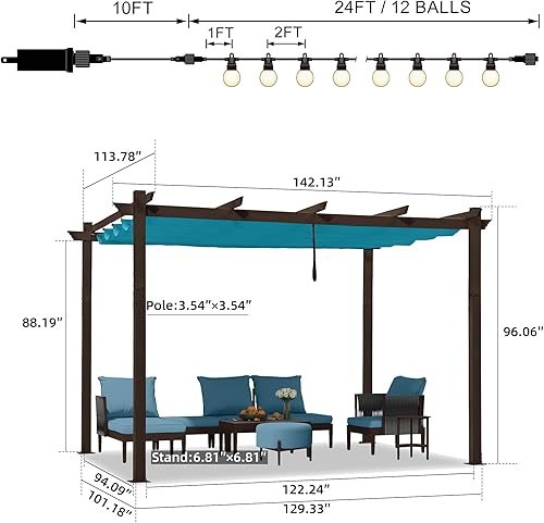 Miniatura 19 de PURPLE LEAF Pérgola de metal retráctil de 10 x 12 pies con toldo y cubierta de sombra para jardín, patio, terraza de playa, cenador, color blanco