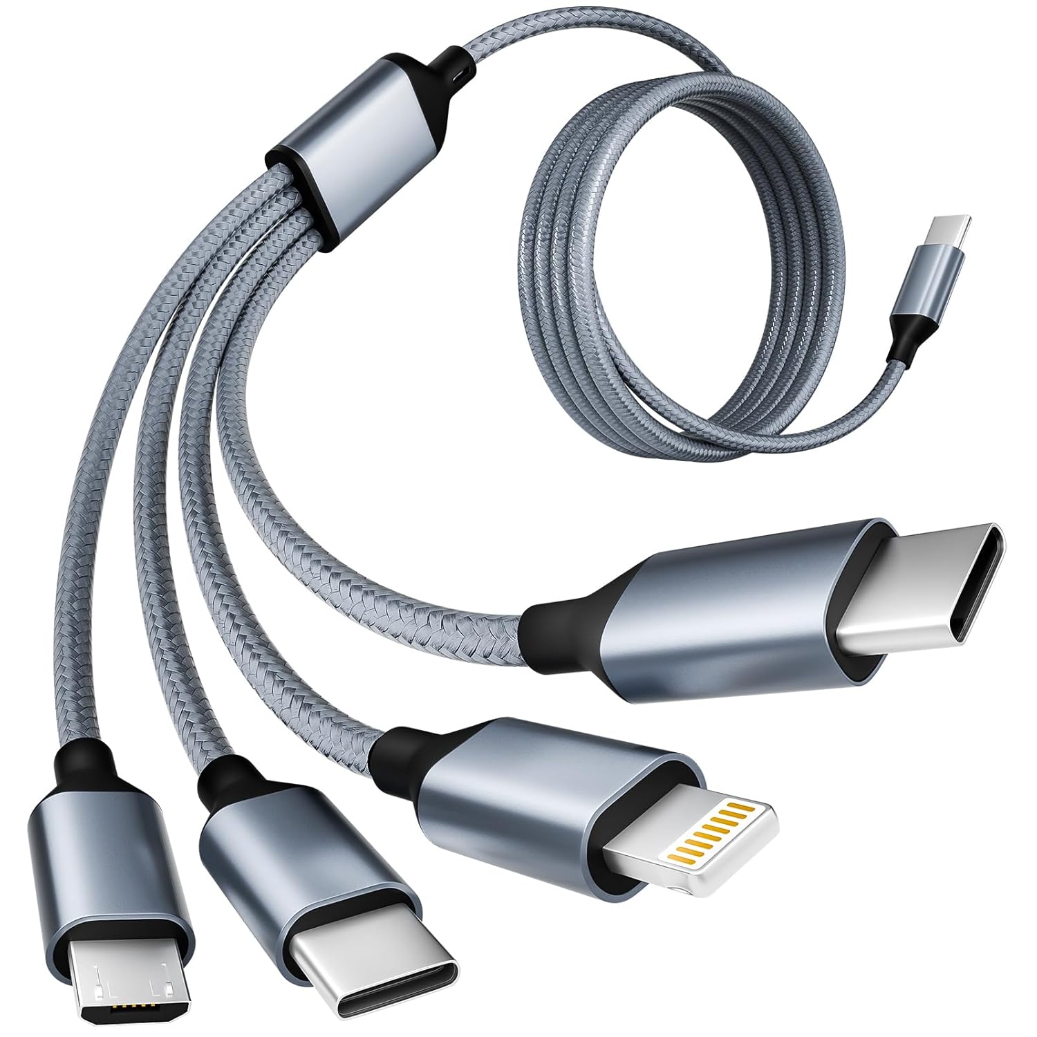 Product image of USB C Multi Charging Cable [1Pack 5FT], 4 in 1 Charging Cable Nylon Braided USB-C Multiple Charger Cord with Micro USB,IP Port and 2 Type C Adapter Port for iPhone 17/16 Series/Cell Phones and More