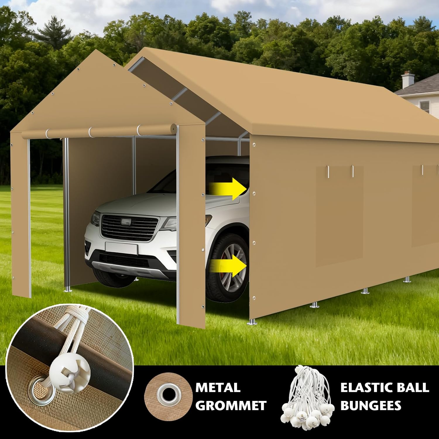 10x20FT Carport Canopy Front/Back Panel Entrance Door Tarp with Zippers, Waterproof & UV Protected Replacement Sidewall Cover with Ball Bungees (Beige)