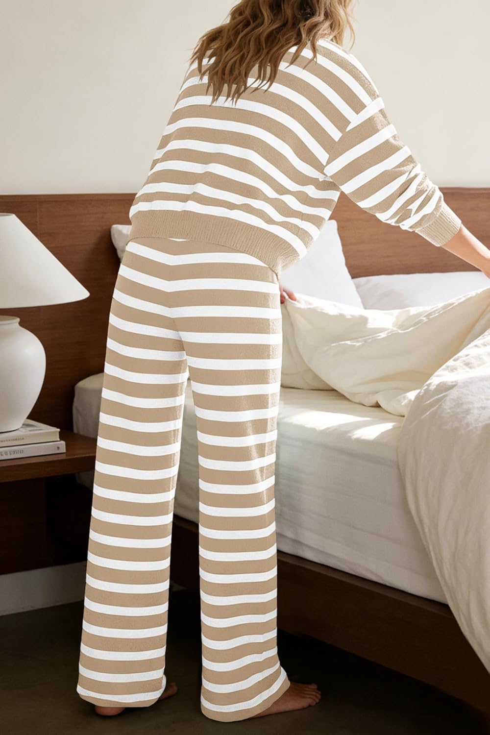 ReachMe Womens Oversized Striped 2 Piece Sets Button Up Cardigan and Wide Leg Pants with Pockets Fall Pajama Outfit - Image 5