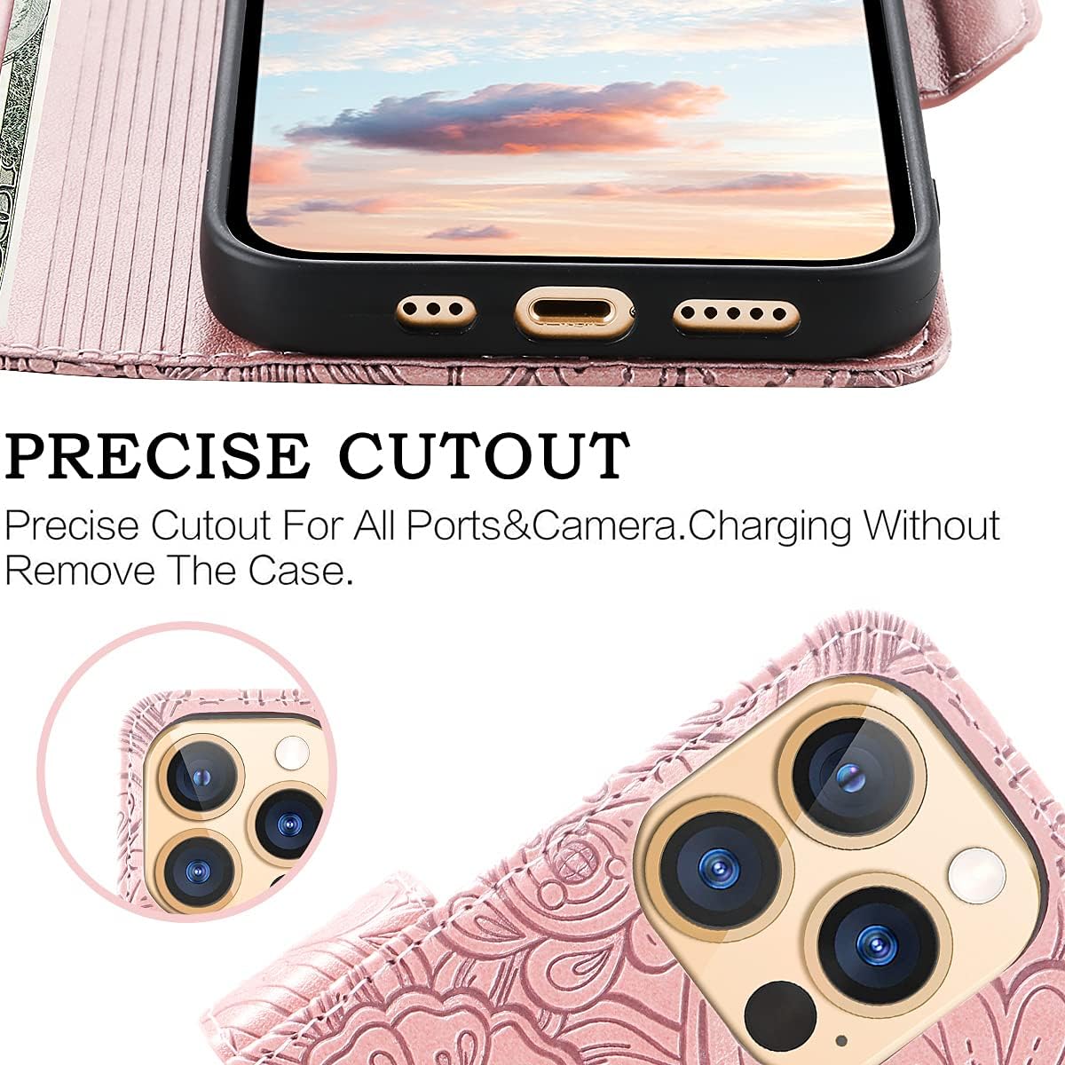 Petocase for iPhone 13 Pro Max Wallet Case,Embossed Mandala Floral Leather Folio Flip Wristlet Shockproof Protective ID Credit Card Slots Holder Cover for iPhone 13 Pro Max 6.7 Rose Gold