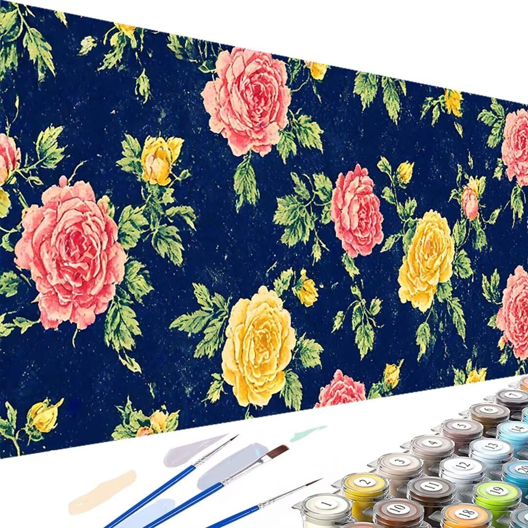Wanziho Malen Nach Zahlen Erwachsene Blume Paint by Numbers, DIY Malen Nach Zahlen Rose, mit Pinseln und Acrylfarben Handgemalt Ölgemälde Leinwand für Home Decorr, Ohne Rahmen 60x120cm 4-3
