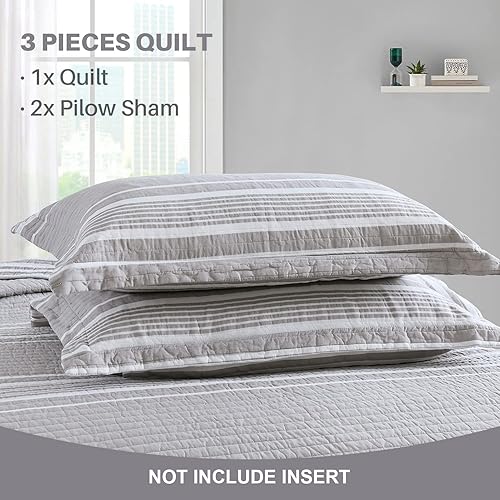 Vista 25 de Y-PLWOMEN Colcha de tamaño King – Colcha de 100% algodón, color gris, colcha acolchada a cuadros, 3 piezas, ligero, reversible, tamaño King