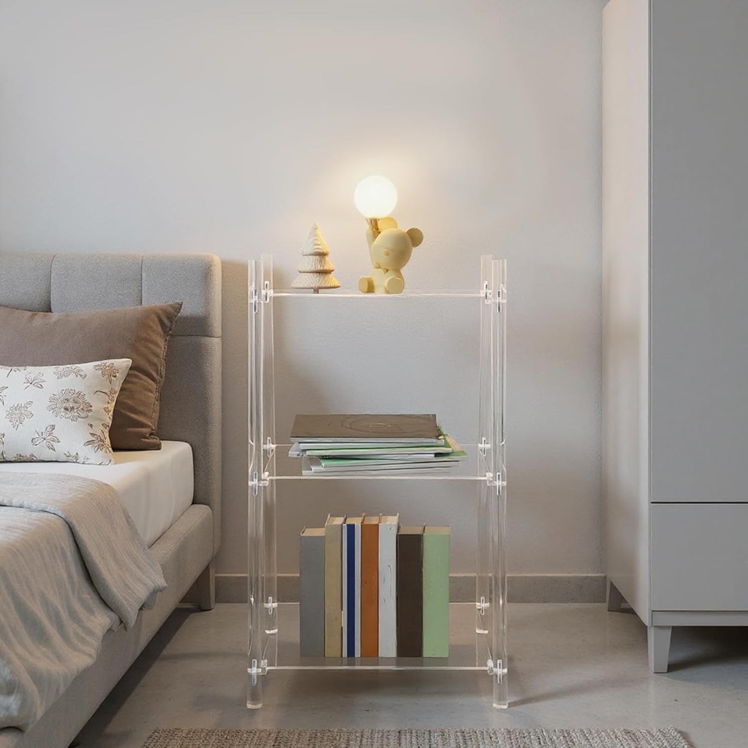 3 Tier Clear Bookshelf, Acrylic Ladder Shelf, Multipurpose Book Shelf, Storage Rack, Clear Display Stand for Storing Books, Ornaments, Vases, Office Supplies (15.6'' L x 11.6'' W x 32'' H)