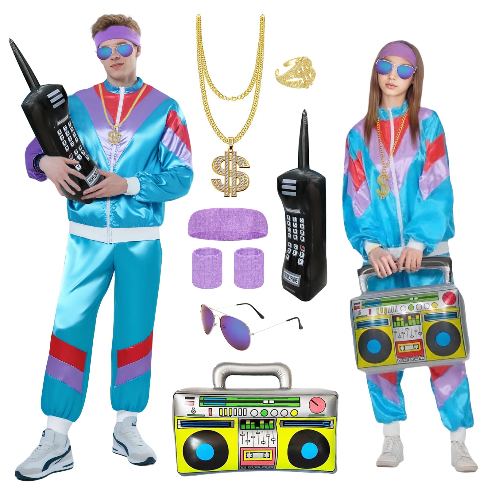 Xerteam 80s 90s Fancy Dress Men Women Shell Suits, Sportswear Jacket, Pant, Headband, Wristbands, Glasses