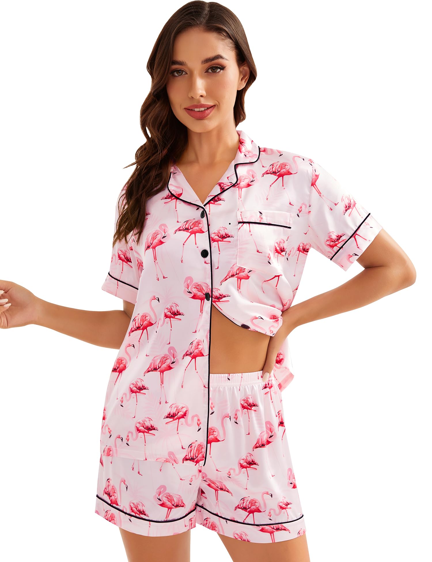 LecGee Womens Silk Satin Pajamas Short Sleeve Loungewear Two-Piece Sleepwear Button-Down Pj Set