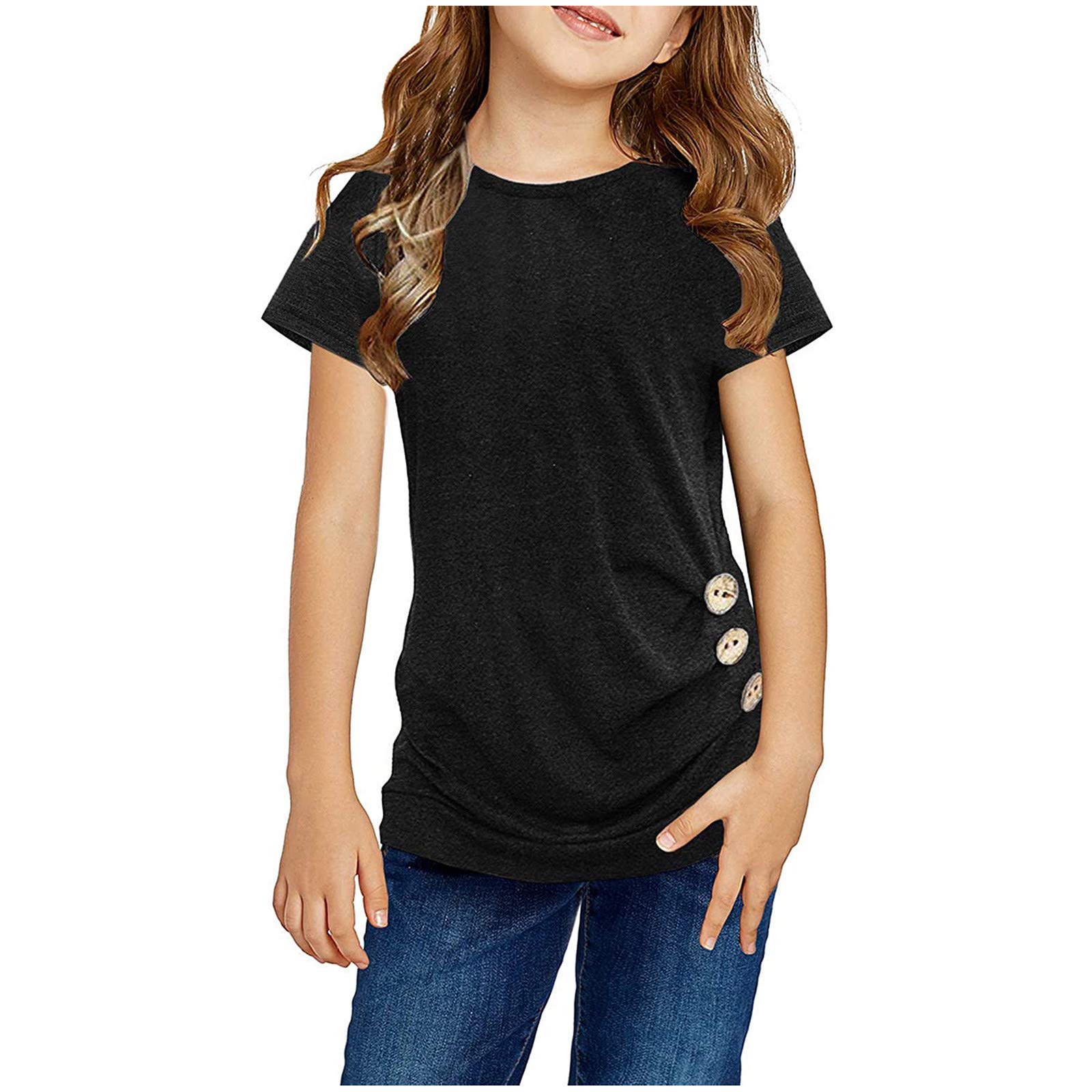 Girls Tunic Tops Knot Front Short Sleeve T-Shirt Toddler Baby Plain Solid Blouse Cotton Kids' Tops (Black, 6-7 Years)