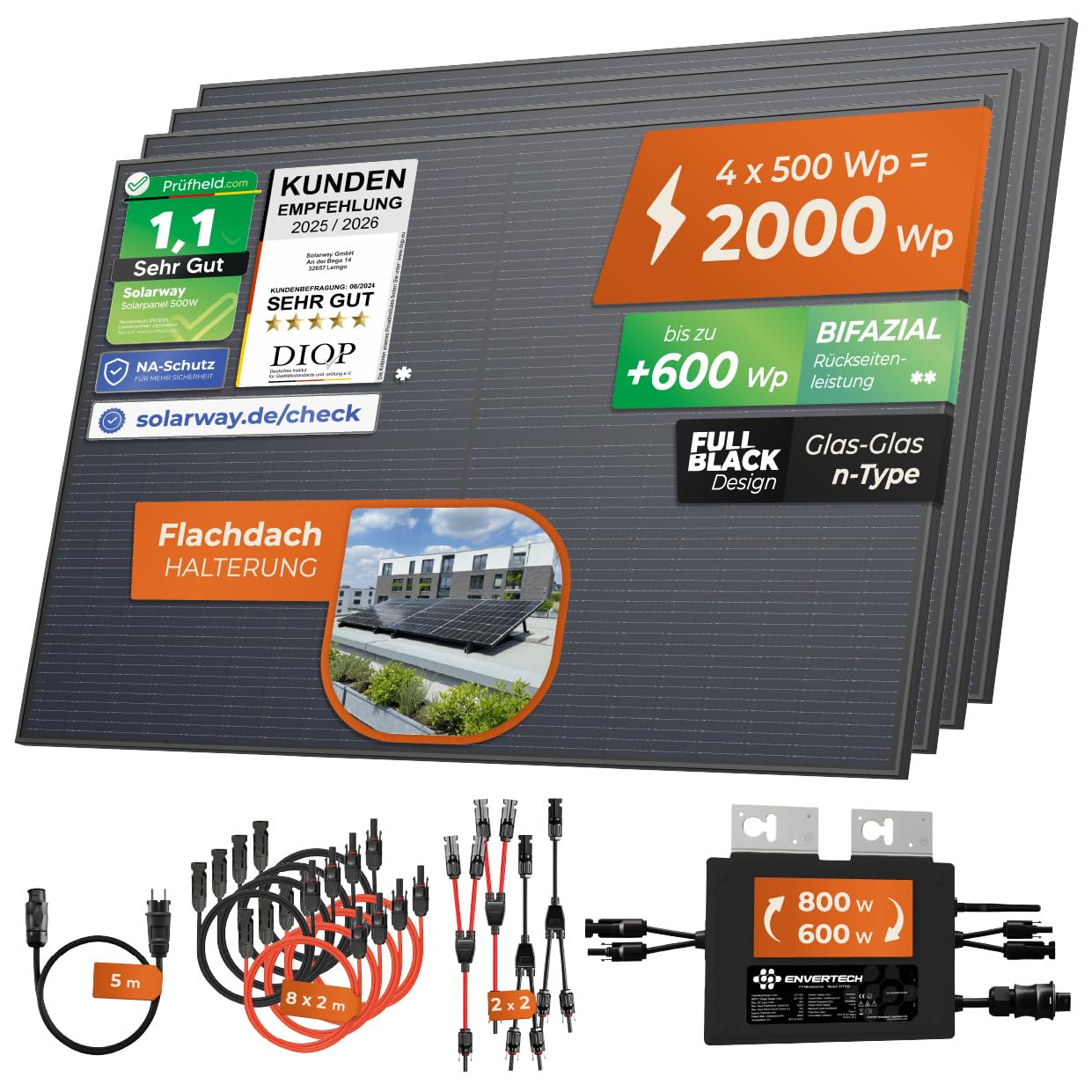 Solarway® Balkonkraftwerk 2000W / 800W komplett Steckdose - neuester 800W Wechselrichter - Solaranlage Komplettset - 500W bifaziale Solarmodule & Envertech & Zubehör