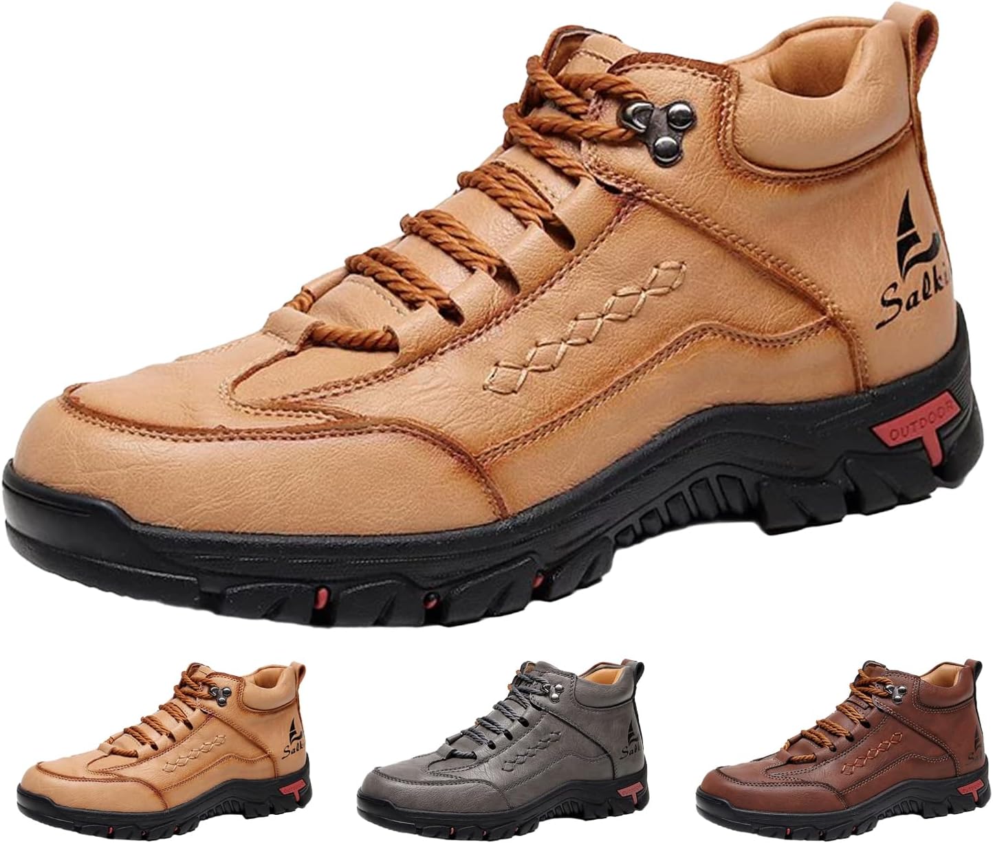 Men's Mid-Top Outdoor Hiking Shoes,Vintage Comfort Hand-Stitching Leather Non-Slip Arch Support Travel Athletics Shoes