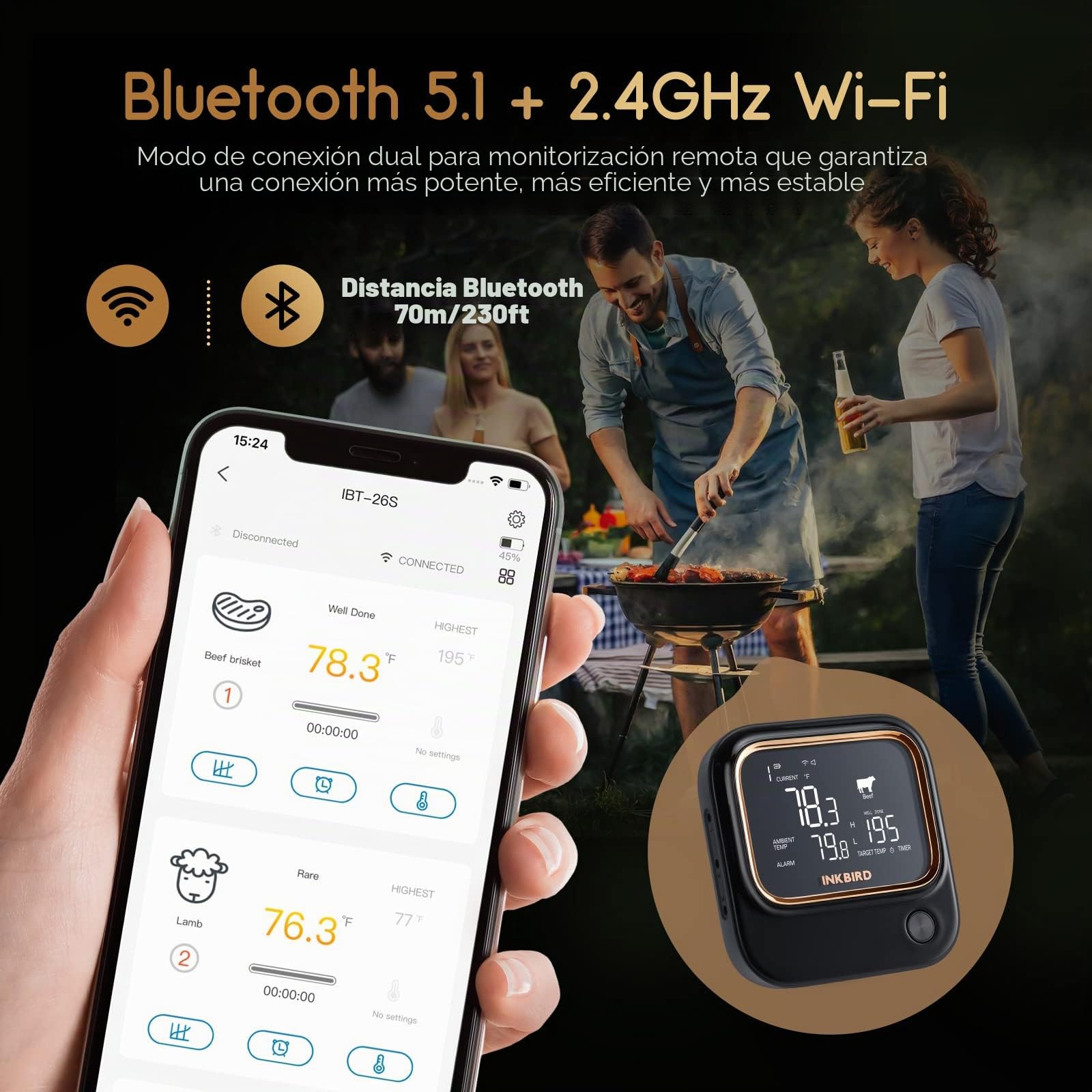 Inkbird IBT-26S - Termómetro Carne, Termómetro Cocina de Bluetooth 5.1 Señal de 70 m y WiFi 2.4 G, con 4 Sensores de Temperatura, Soporte Magnético, Recargable por USB, Termómetro para Barbacoa