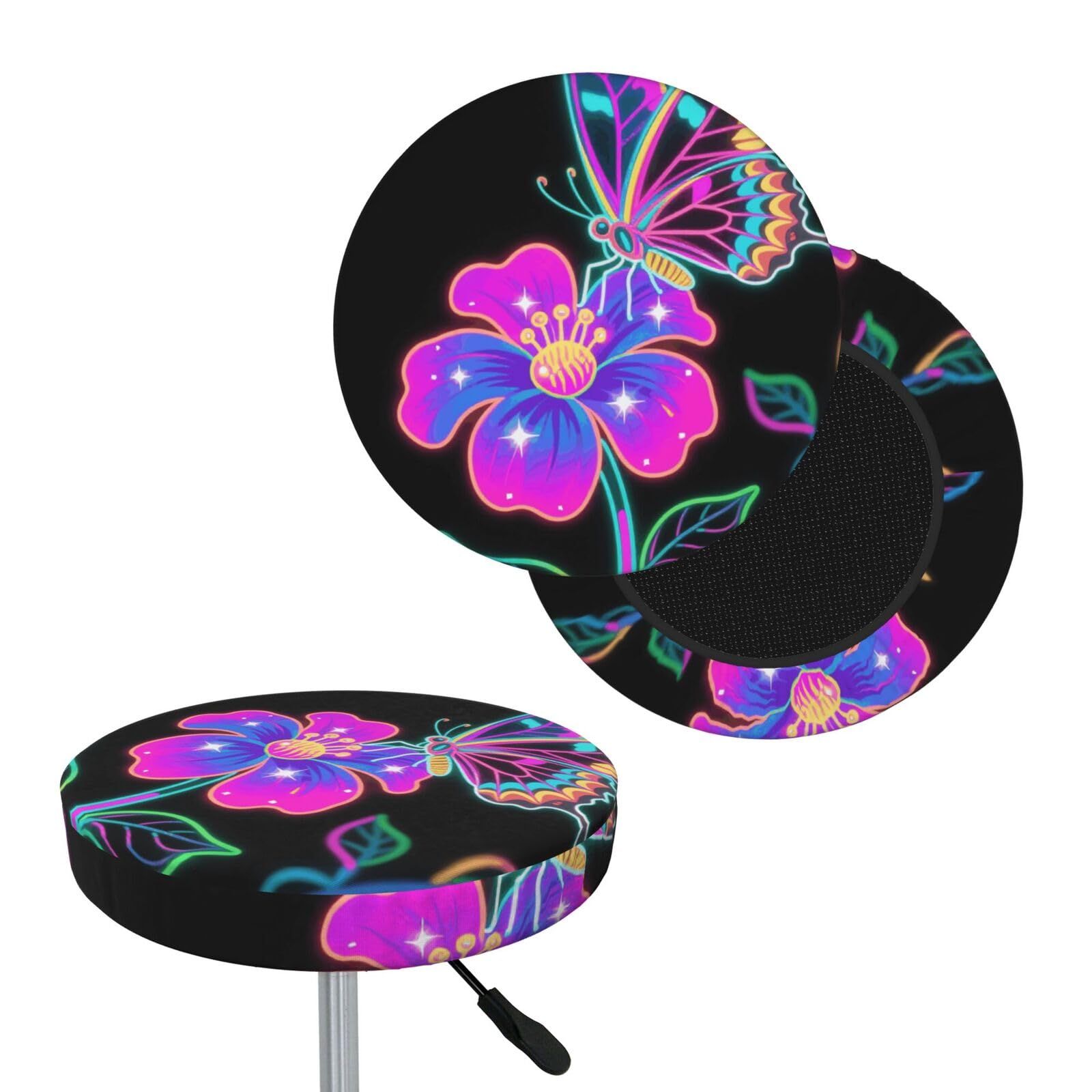 FekiLoot Neon Butterfly Round Bar Stool Covers Stretch Washable Bar Stool Covers Dustproof Slipcover Bar Chair Covers with Elastic Band for Bar Kitchen Living Room Decor 12 Inch