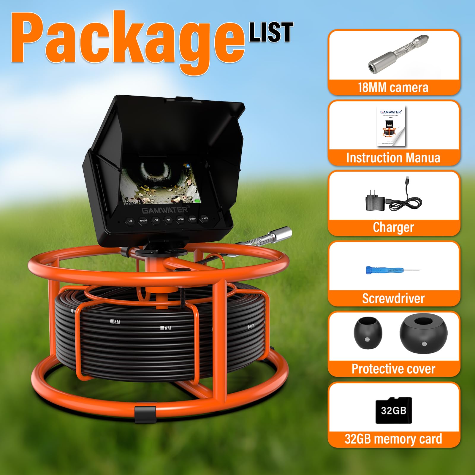 20M Endoscope de canalisation 4,3 Pouces IP68 18mm, câble gradué Bobine rotative DVR 32Go 8500mAh, pour Inspection égouts plomberie Industrielle