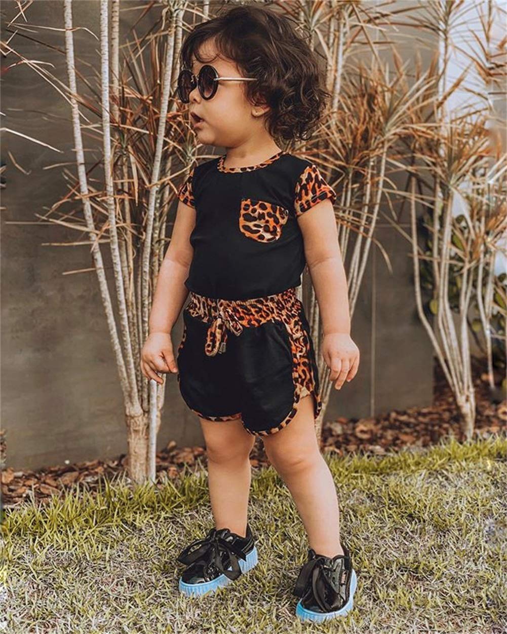 Toddler Infant Kid Baby Girl Shorts Outfit Short Sleeve Leopard T-Shirt Cheetah Print Pants Summer Clothes Set (Black,4-5T)