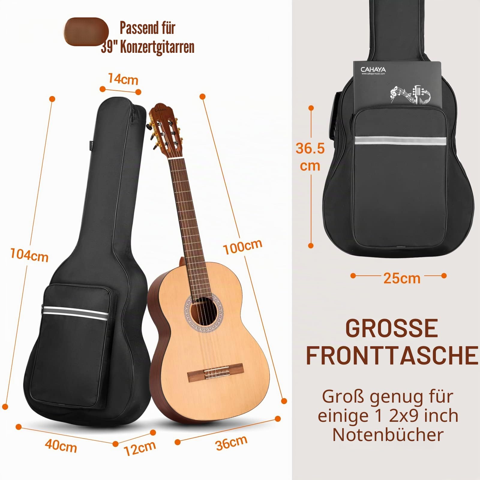 CAHAYA Konzertgitarrentasche 99.1 cm Gitarre Gigbag Softcase 6mm Dicke Polsterung Gitarren Rucksack mit großer Tasche Reflexbänder Modell CY0288, Schwarz, Classical Guitar Bag 39 Inch, Koffer für