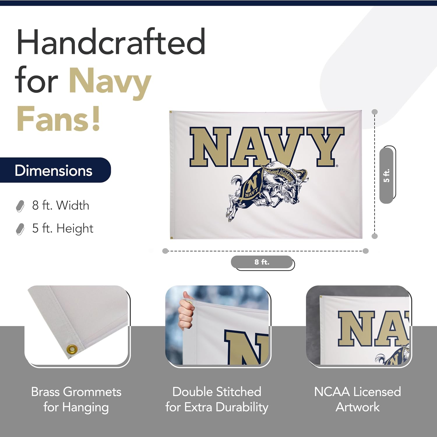 Navy Midshipmen College Sports Printed Flag - NCAA Licensed - Nylon - School Banner (White, Gold, Navy Blue) (5' x 8')