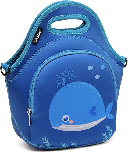 VASCHY Bolsa de almuerzo para niños, bolsa de almuerzo ligera de neopreno aislada para niños y niñas, escuela, guardería, guardería, ballena