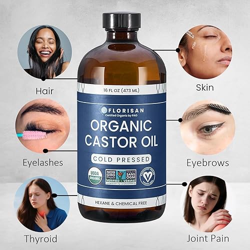 Miniatura 3 de Florisan Aceite de ricino orgánico botella de vidrio de 16 onzas, prensado en frío, sin hexano, sin OMG, aceite de ricino 100% puro para el