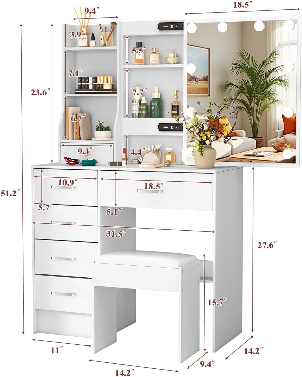 Vanity Desk with Sliding Mirror and Lights, 32 Inch Makeup Vanity Set with 6 Drawers & Storage Shelves, White Vanity Table with LED Lighted Mirror and Chair for Bedroom for Girls Women White-07
