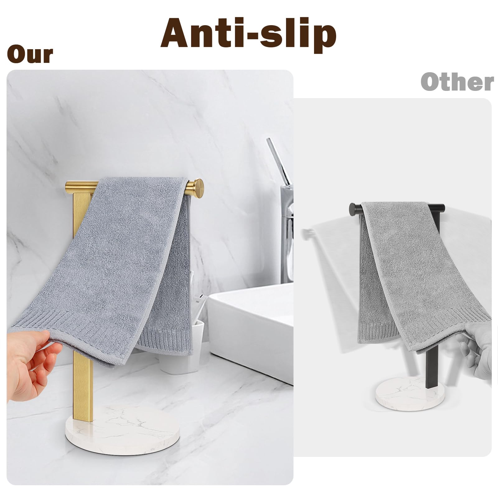 Toallero para toallas de mano para baño, toallero de pie en forma de L, organizador de encimera de tocador o cocina, material de acero inoxidable SUS304, base de mármol, dorado