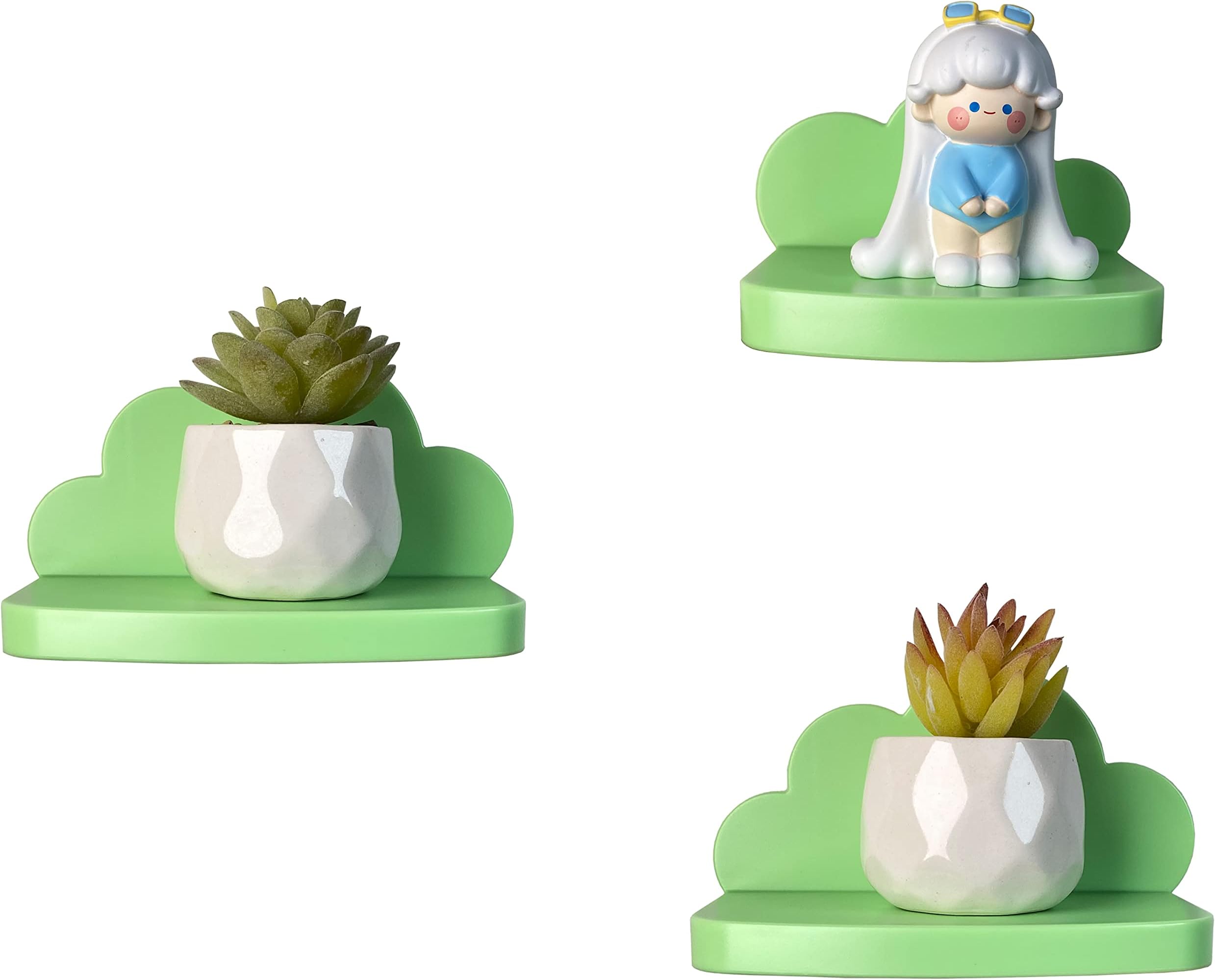 Small Floating Shelves Mini Cloud Shelves Hanging Display 6 Inch Wall Shelf for Bathroom Livingroom Bedroom,3 Pack,with 2 Types of Installation,Green