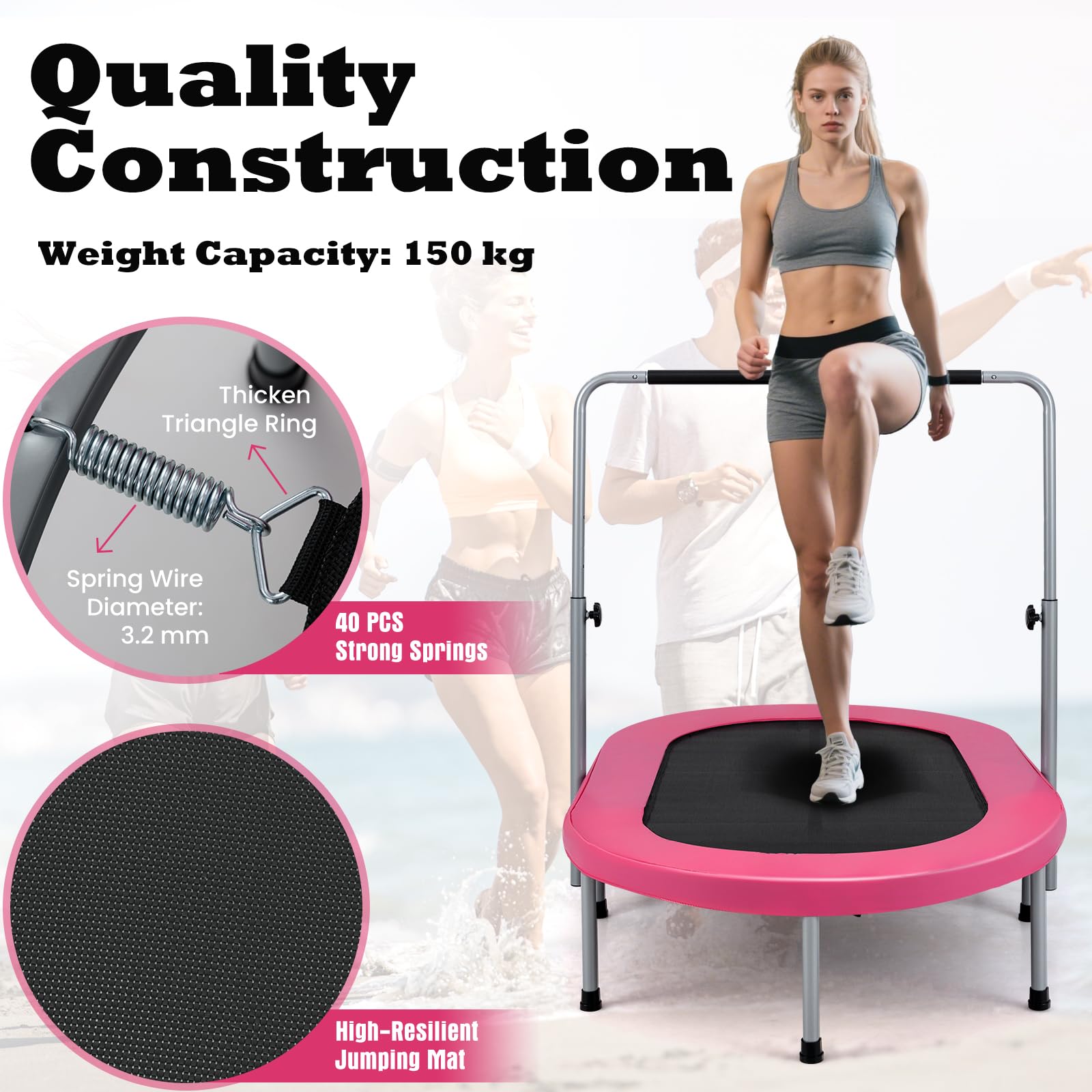 LIFEZEAL Trampolin für 2 Personen, Faltbares Doppeltrampolin mit Armlehnen, Ovales Sporttrampolin mit verstellbarem Griff, Fit Indoor Fitness Trampolin für Kinder und Erwachsene