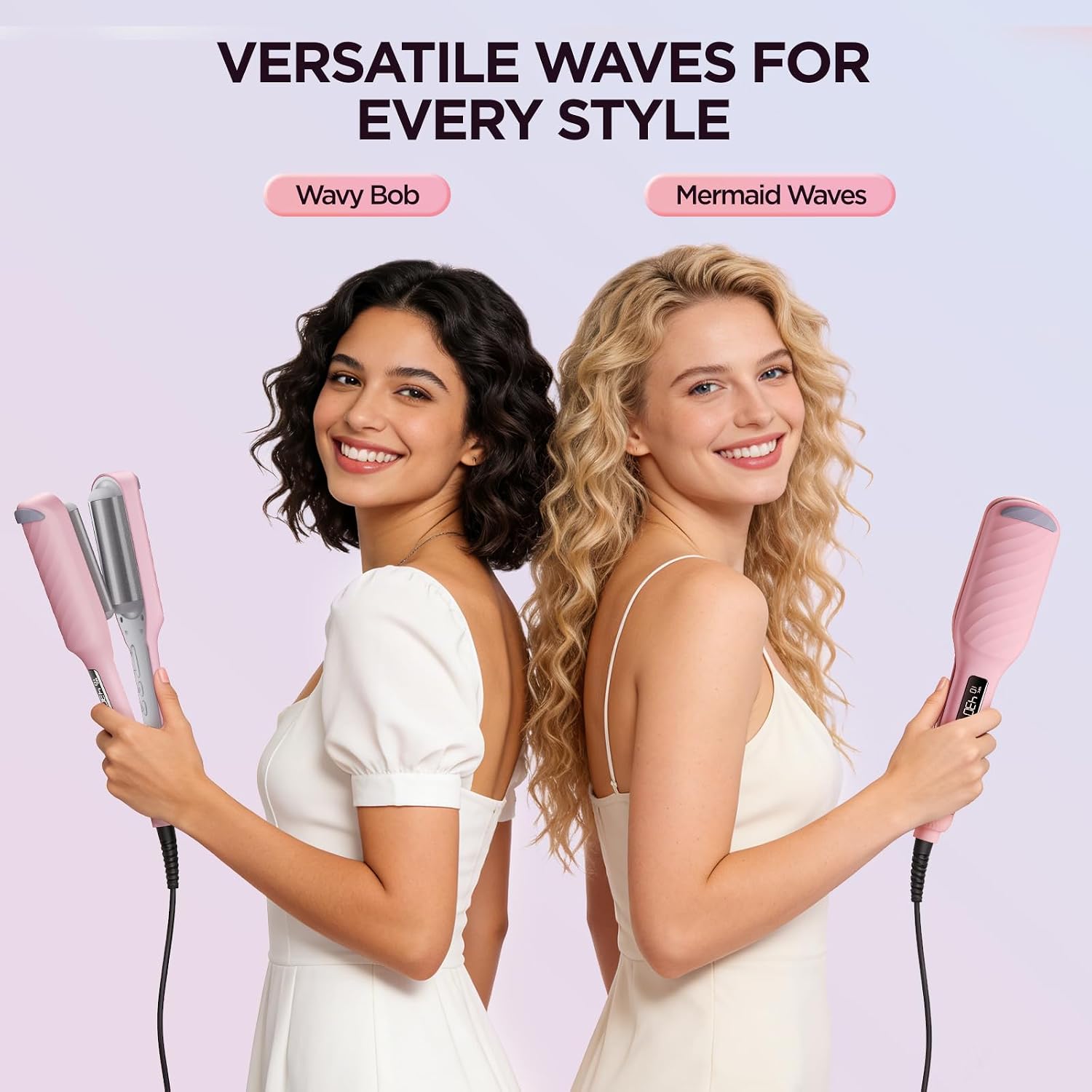 Curling Iron Hair Crimper Waver, BABONIR 1'' 3 Barrel Hair Waver for Women, 60 Million Negative Ionic Ceramic Beach Waves Curling Iron, 13 Heat Levels & 7 Timers, 30s Fast Heating, Dusty Pink