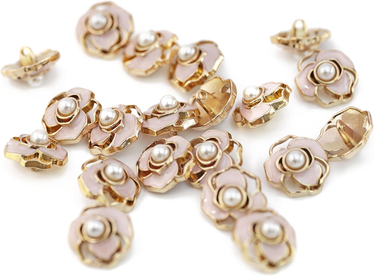 20 pcs Openwork Flower Faux Pearl Core Pink Enamel Petals Metal Shank Sewing Buttons - 18mm - 23/32" - Image 7