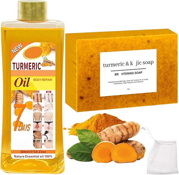 Turmeric Wash And Soft 7 Essential Oil Two-Piece Set, Lemon Turmeric Soap, Soft 7 Oil, Deep Cleansing Moisturizing, Hydrating Skin, Evens Tone, Suitable For All Skin Types Handmade Soap Skincare Set