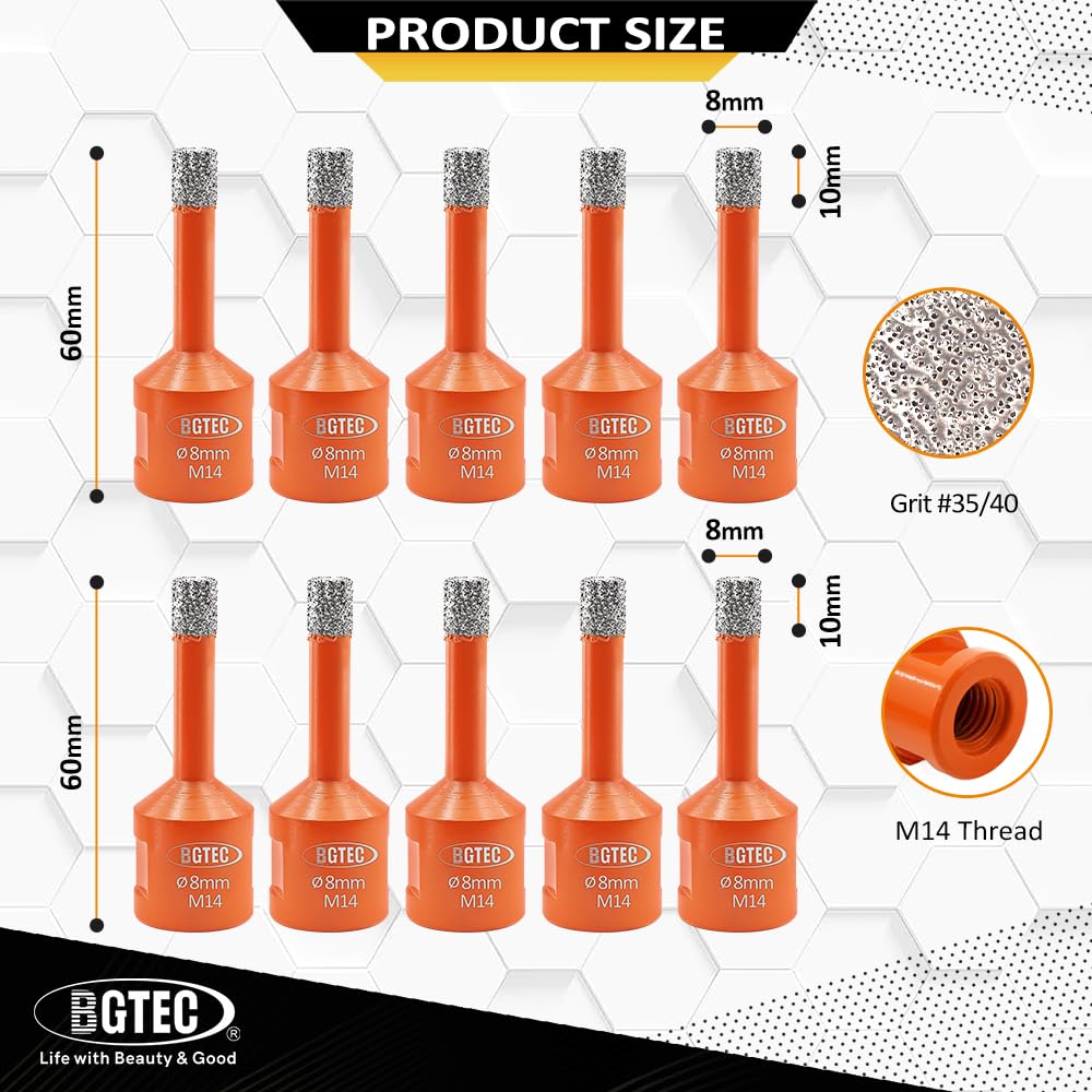 BGTEC Wiertła diamentowe - 10 sztuk 8 mm wiertło diamentowe z gwintem M14 do płytek, ceramiki, marmuru, granitu, kamienia naturalnego