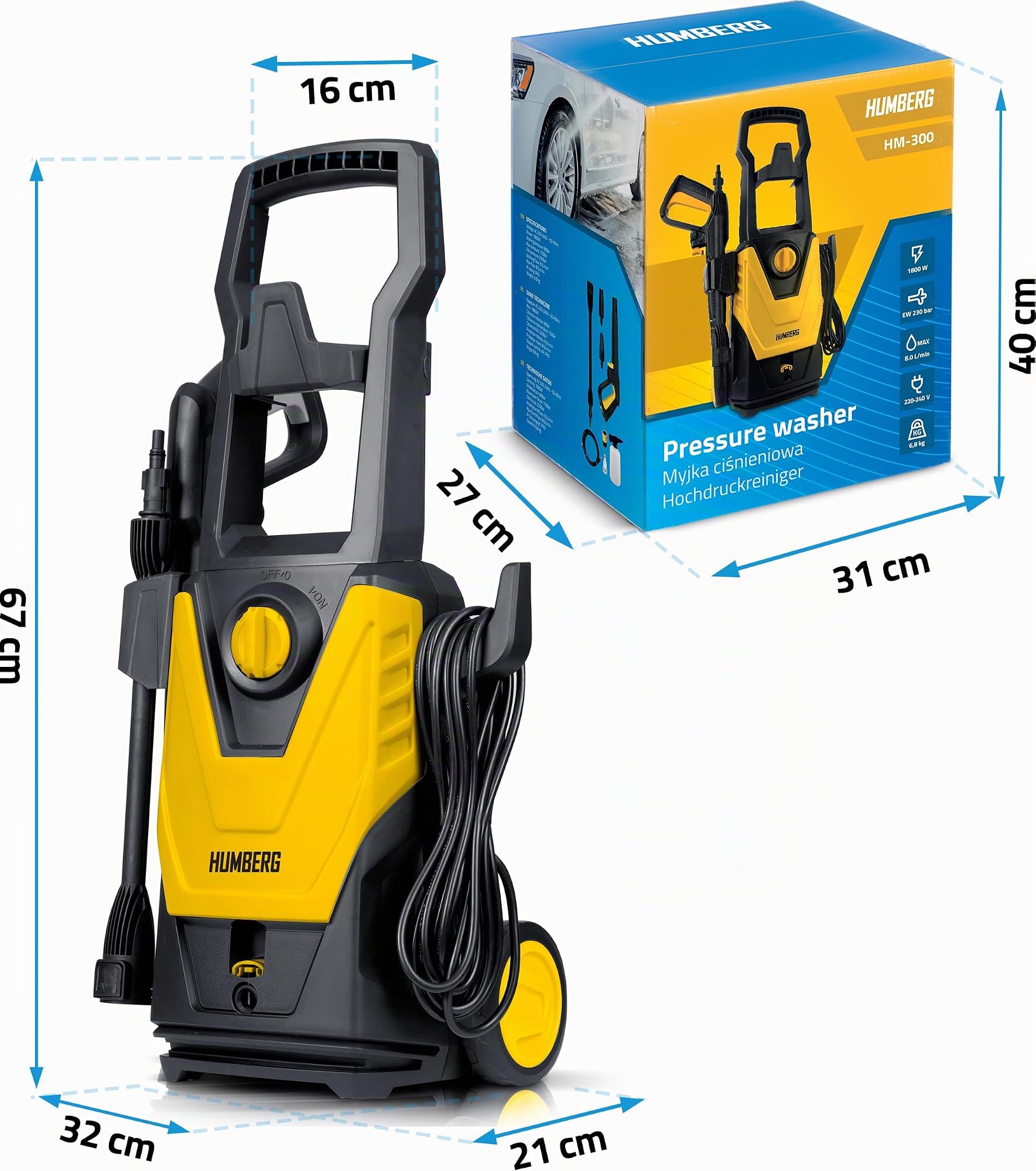 Limpiador de Alta presión Humberg - Lavadora de Auto Profesional de 1800W con 230 Bar EW - Bomba de Aluminio autoaspirante Que Incluye Manguera de 6m y Boquilla Turbo - Ideal para jardín, terraza y