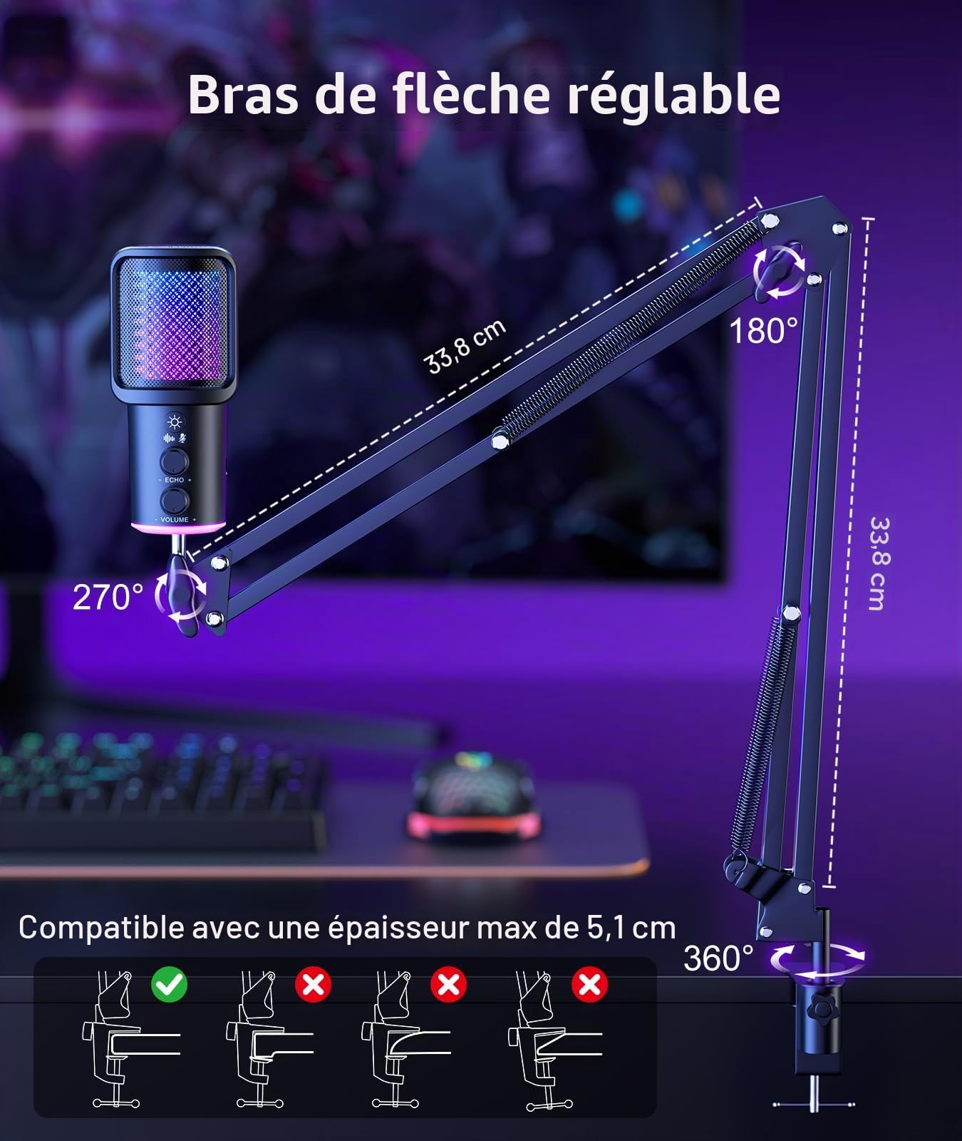 Microphone USB de jeu, microphone à condensateur avec suppression du bruit avec sourdine, bras articulé pour micro-réglage de la réverbération, surveillance pour streaming, podcasting, Discord