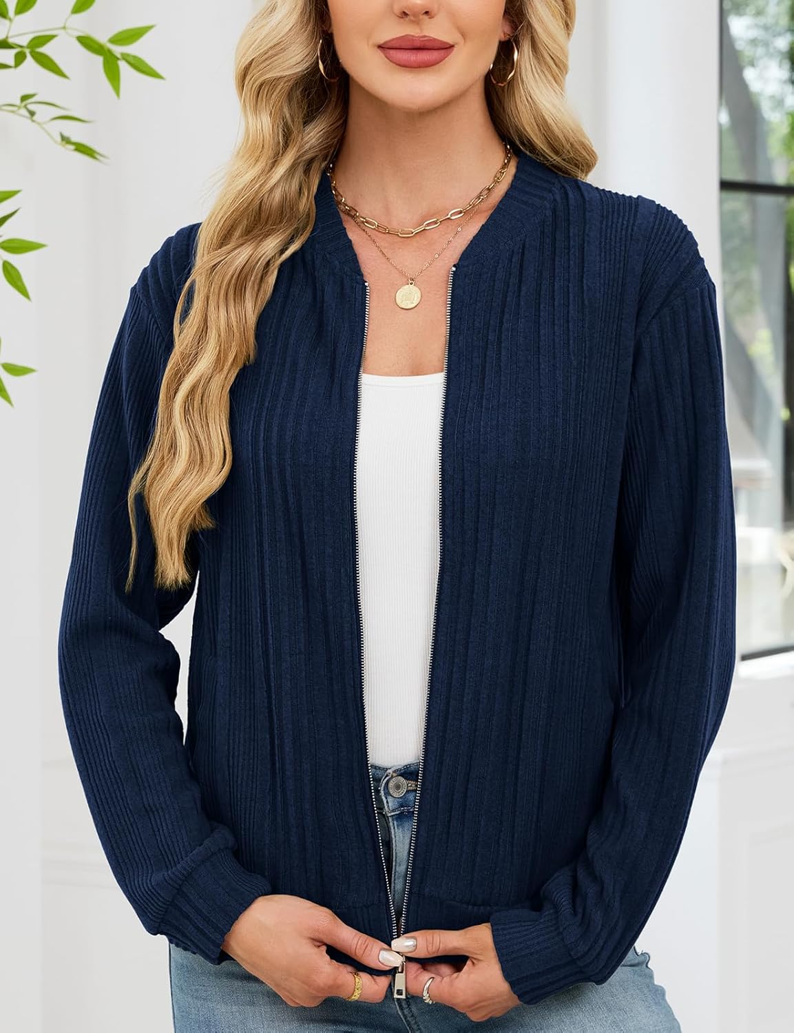 Viracy Women's Full Zip Up Cardigan Sweater Lightweight Casual Long Sleeve Jackets with Pockets - Image 4