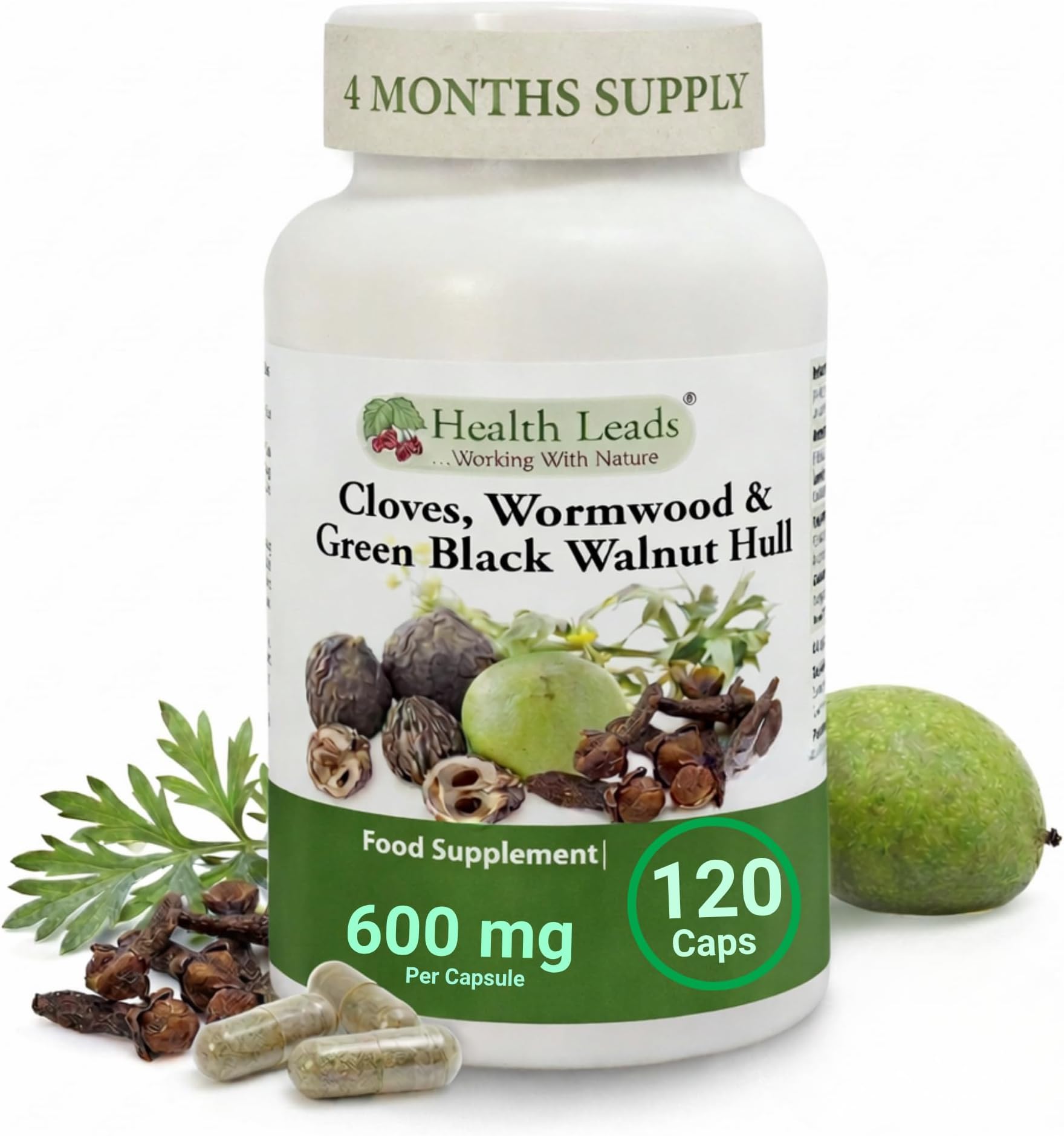 Wormwood Black Walnut and Clove Capsules 600mg Per Capsule โ Triple Herbal Complex โ Green Walnut Hull Extract โ 120 Vegan Capsules (4 Month Supply, 1 Per Day)