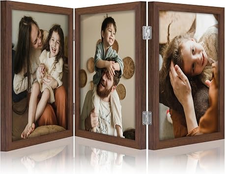 decorUhome Triple 8x10 Picture Frame Vertical, Engineered Wood Trifold Photo Frame with Plexiglass for Tabletop Display, 8x10, Brown