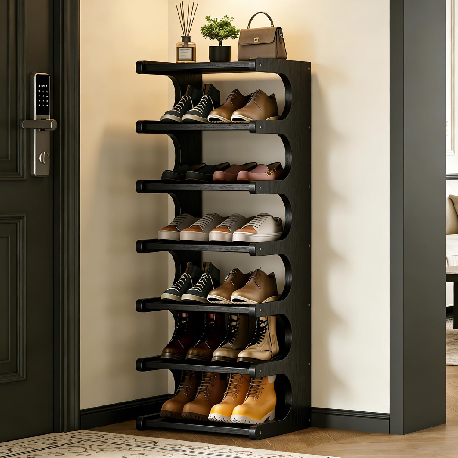 Photo 1 of 39" Bamboo Shoe Rack - Vertical Shoe Organizer Rack for Small Space, Narrow Shoe Tower for Closet, Entryway, Corner, Tall Shoe Shelf with Removable Shelves, Flexible Storage Shelf for Saving Space