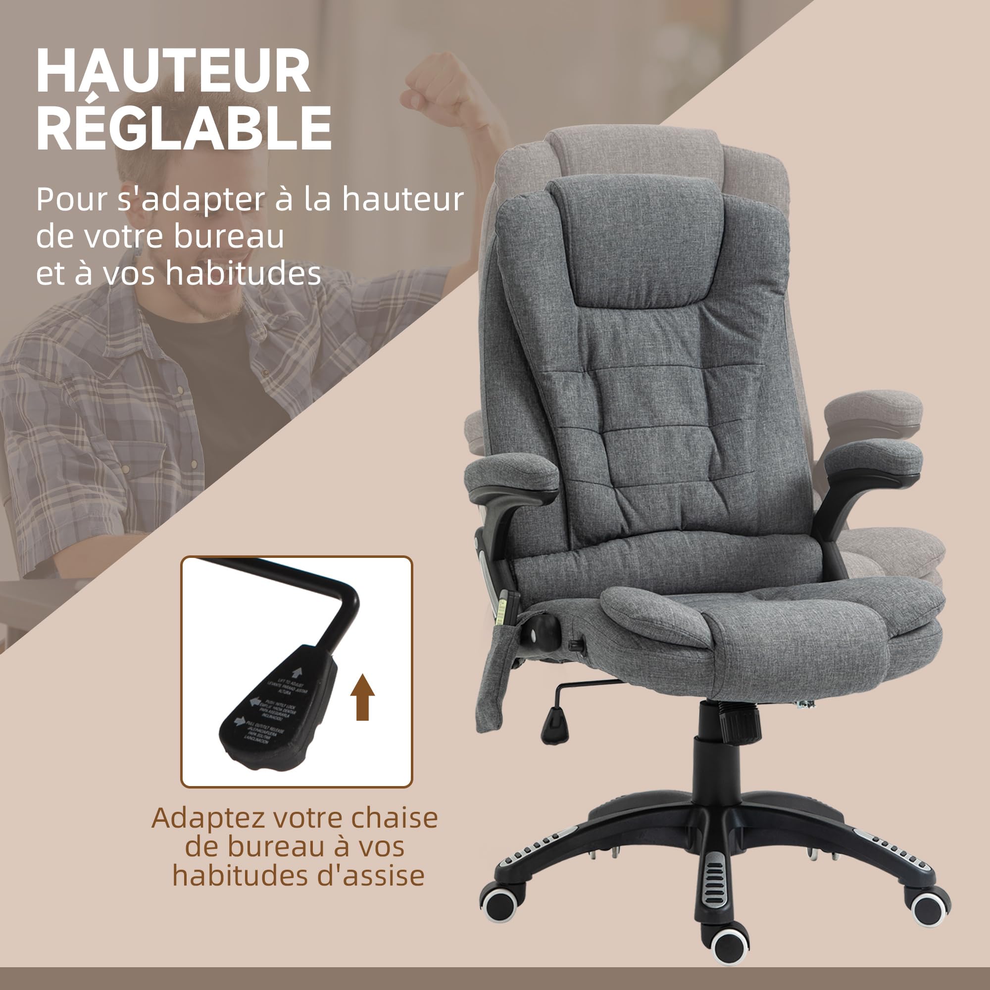 Vinsetto Massage- en verwarmde bureaustoel, bureaustoel, ergonomische stoel met verstelbare hoogte, rugleuning en afstandsbediening, bekabeld, 360 graden draaibaar, polyesterstof, wit